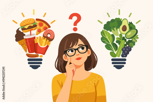 Woman in Glasses Thinking About Food Choices, Comparing Healthy Vegetables and Fruits with Unhealthy Junk Food and Fast Food, Concept of Nutrition Dieting and Balanced Lifestyle Vector Art