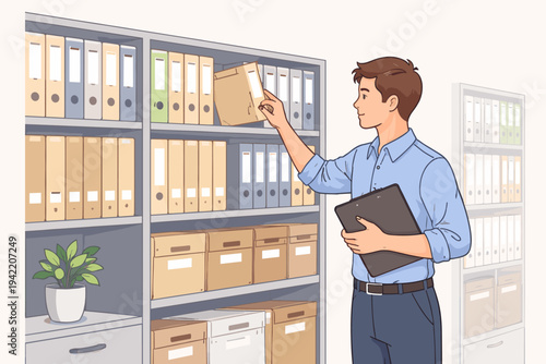 Young male employee in blue shirt holding clipboard and pulling out folder from a shelf in a business archive or storage room, flat vector illustration of office organization and filing system.