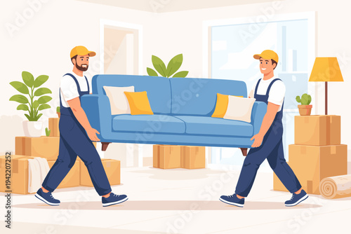 Two professional movers in uniform carrying a blue sofa in a new apartment filled with cardboard boxes. Relocation service concept with workers moving furniture. Flat vector illustration.