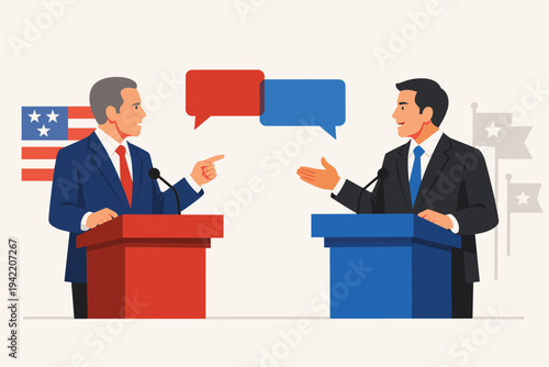 Two political leaders having an open debate at podiums with microphones, red and blue speech bubbles, and American flag background, flat vector illustration for election campaign and politics.