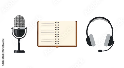 podcast recording equipment, microphone, headphones, notebook