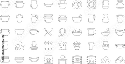 Collection of various kitchen utensils and containers in a line style line bowls vases mugs