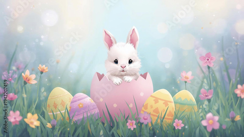 baby bunny nestled inside a cracked pastel Easter egg vector illustration