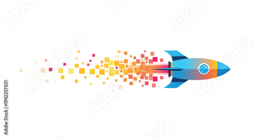 Colorful rocket ship blasting off with pixel trail