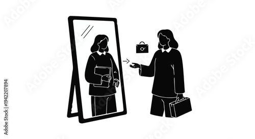 woman looking at reflection in mirror with phone and briefcase
