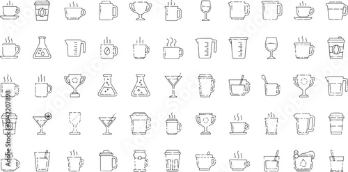 Set of black and white line of various drink containers and utensils line drink containers cups mugs