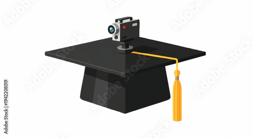 Graduation cap with camera and tassel, symbolizing academic achievement