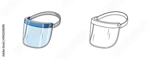 Cartoon protective face shield illustration in flat colored and linear styles with blue and transparent details used for medical safety equipment isolated on white background