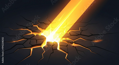 Glowing yellow beam breaks through cracked dark surface with radiant light and intense heat