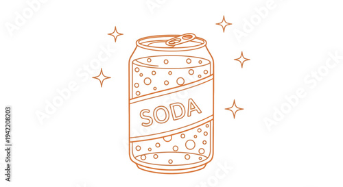 A can of soda with bubbles and sparkles is depicted in an outline drawing.