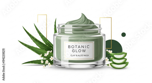 Green clay face mask in a jar with aloe vera leaves and slices on white background for skincare and beauty routine