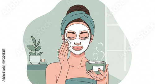 Woman applies facial mask while holding steaming cup in bathroom with green towel and plant