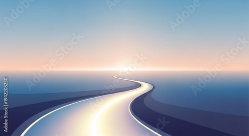 Winding road stretching into sunset horizon with vibrant sky and illuminated path