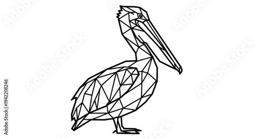 A geometric illustration of a pelican against a white background.