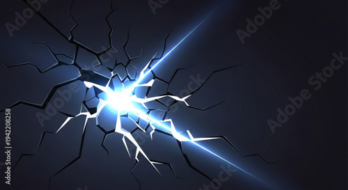 Electric blue lightning bolt strikes cracked dark background symbolizing power and energy