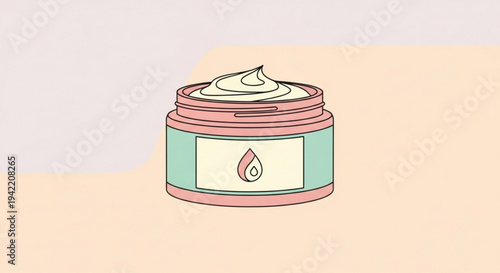 Moisturizer cream in pink jar with green label and drop symbol on white background