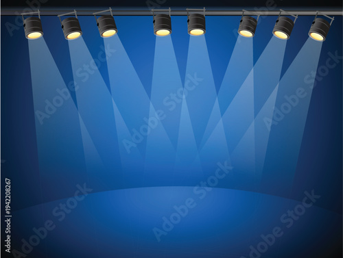 Professional Stage Lighting Background with Eight Blue Spotlights Casting Bright Beams on an Empty Performance Floor, ideal for event posters, product launches, or theater performance announcements