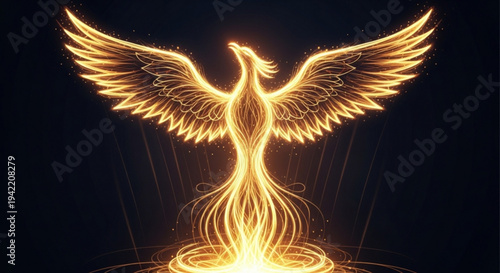 Golden phoenix rising from flames with spread wings in dark background