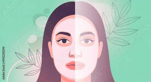 Woman face split in half showing skincare routine and natural healthy glow with leaves on mint green background