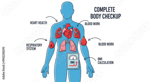 Complete body checkup infographic with human body anatomy and health check points