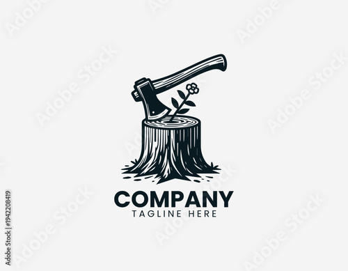 Woodcutter axe in tree stump with growing flower in detailed modern black vector illustration style