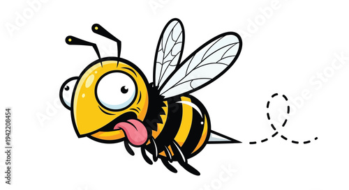 A dizzy cartoon bee with its tongue sticking out flies away