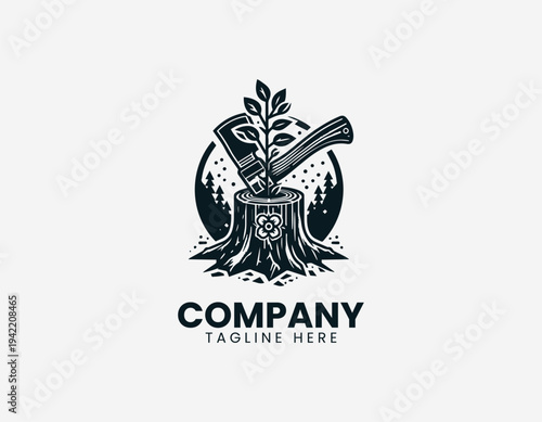Woodcutter axe in tree stump with growing flower in detailed modern black vector illustration style