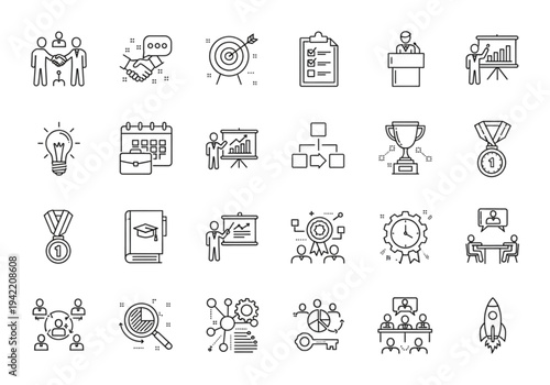Large business and management icon set, thin line style for corporate leadership, strategy, and teamwork concepts