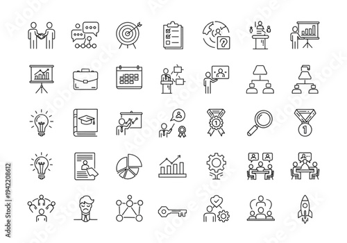Large business and management icon set, thin line style for corporate leadership, strategy, and teamwork concepts