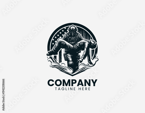 Heroic soldier carrying injured person in dramatic modern black vector illustration style