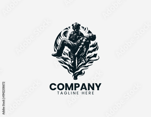 Heroic soldier carrying injured person in dramatic modern black vector illustration style