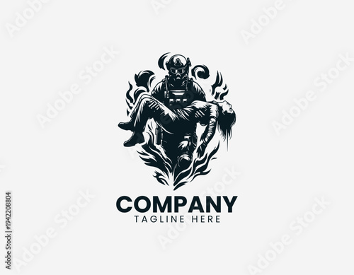 Heroic soldier carrying injured person in dramatic modern black vector illustration style