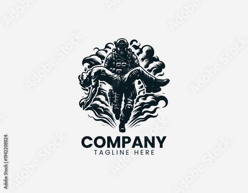 Heroic soldier carrying injured person in dramatic modern black vector illustration style