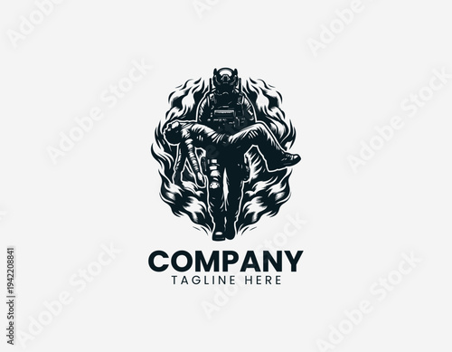 Heroic soldier carrying injured person in dramatic modern black vector illustration style