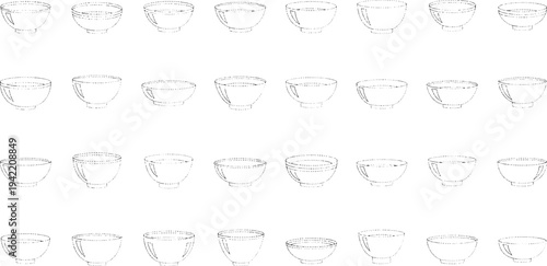 White ceramic bowls arranged in a grid pattern on a white background