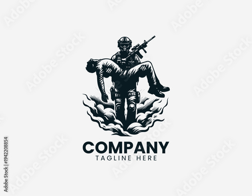 Heroic soldier carrying injured person in dramatic modern black vector illustration style