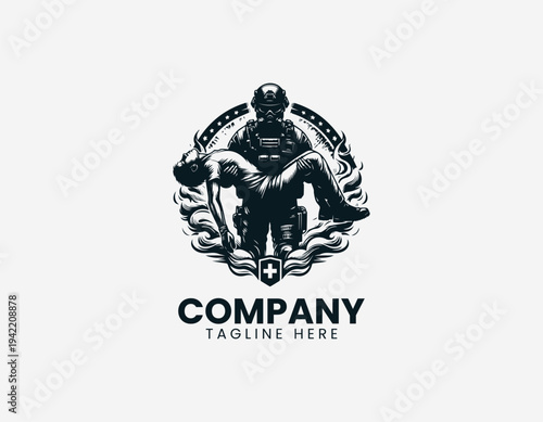 Heroic soldier carrying injured person in dramatic modern black vector illustration style