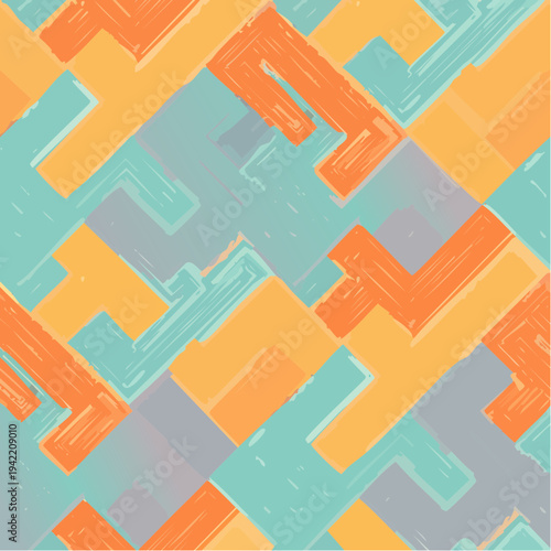 オレンジやイエロー、ミントグリーンのパステルカラーを用いた、手描き風のブラシテクスチャが特徴的な幾何学模様のシームレスな抽象デザイン背景素材。パズルやブロックのような形状が組み合わさったモダンでアーティスティックなビジュアル。