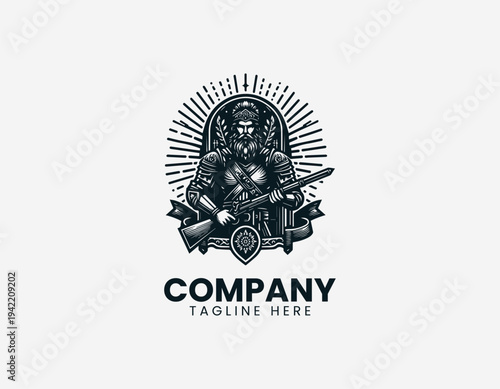 Strong armored warrior character holding rifle in detailed modern black vector illustration style