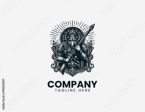 Strong armored warrior character holding rifle in detailed modern black vector illustration style