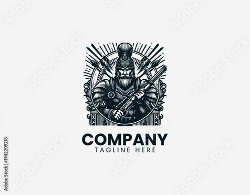 Strong armored warrior character holding rifle in detailed modern black vector illustration style