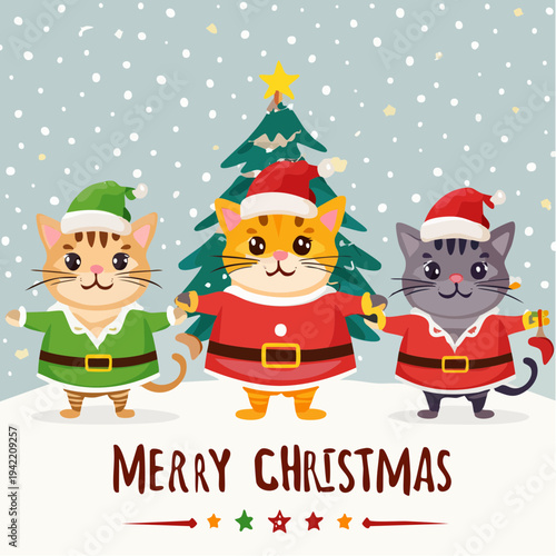 サンタクロースとエルフの衣装を着た3匹の可愛い猫たちが、雪の降る中でクリスマスツリーの前に並んでお祝いをしている、メリークリスマスの文字が入った温かみのある冬のグリーティングカード風イラストレーション。
