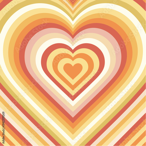 70年代のレトロなスタイルを彷彿とさせる、温かみのあるオレンジやイエローの同心円状のハート模様が重なり合うサイケデリックでポップな背景素材。バレンタインデーやロマンチックなデザインに最適な、愛と幸福感を感じさせるヴィンテージ風のグラフィックデザイン。
