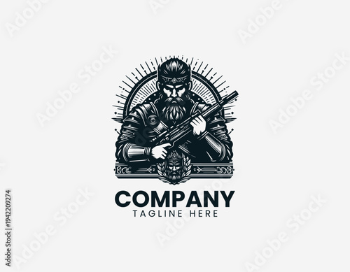 Strong armored warrior character holding rifle in detailed modern black vector illustration style