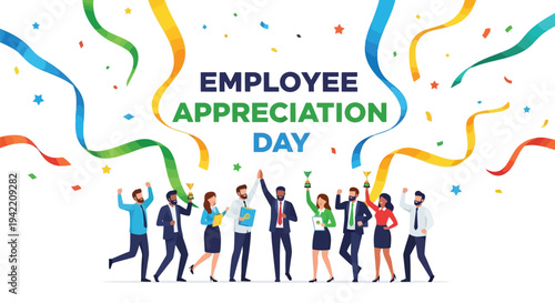 Diverse employees joyfully celebrate employee appreciation day with awards and colorful confetti streamers