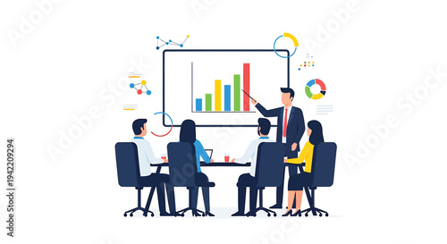 Vector illustration of business people meeting with graph and chart
