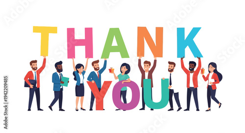 Diverse group of smiling business people celebrating together by holding up giant colorful thank you letters