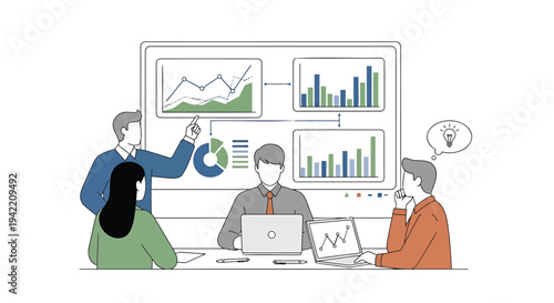 Vector illustration of 3 business people analyzing data and graphs