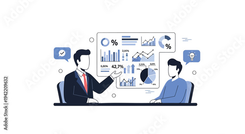 Vector illustration of two businessmen discussing data analysis and statistics