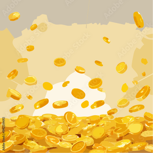 空から大量の金貨が降り注ぎ、地面に山のように高く積み上がっている金運や富を象徴するフラットデザインのベクターイラスト。ビジネスの成功や投資の利益、宝くじの当選、経済的な豊かさと繁栄のイメージを表現する、明るくポジティブな印象の背景素材です。